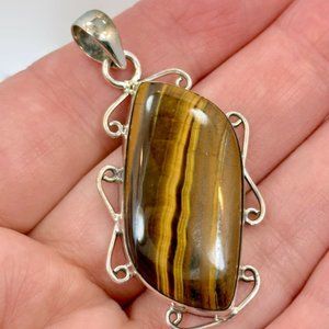 Tigers Eye Pendant, Sterling Silver, Vintage, Big Stone, 2" Long, Large